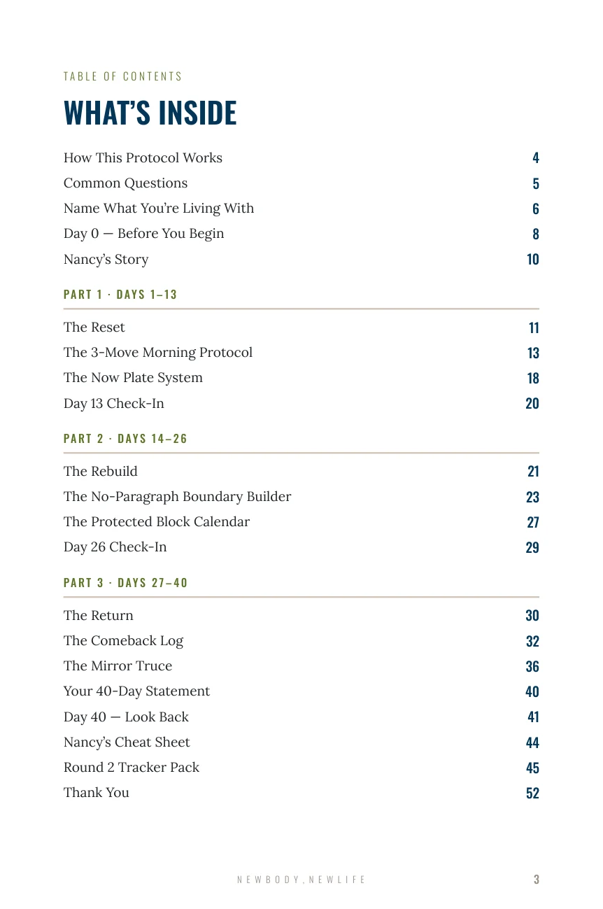 Table of contents for New Body, New Life — Nancy’s 40-Day Protocol