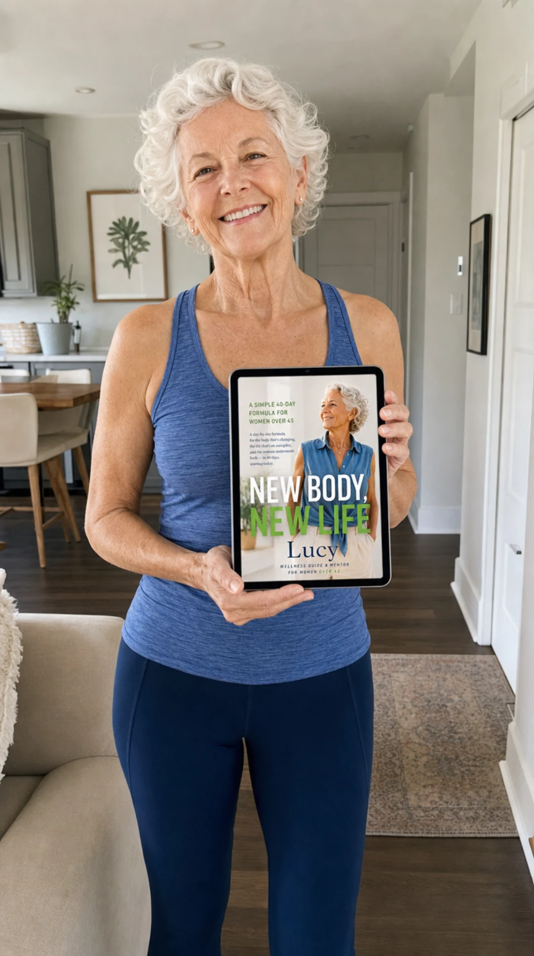 Lucy holding her New Body, New Life digital book